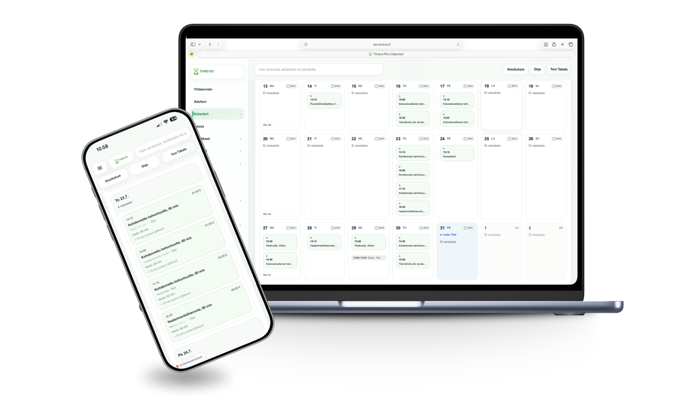 Timevo Pro kalenterinäkymä tietokoneella ja puhelimessa